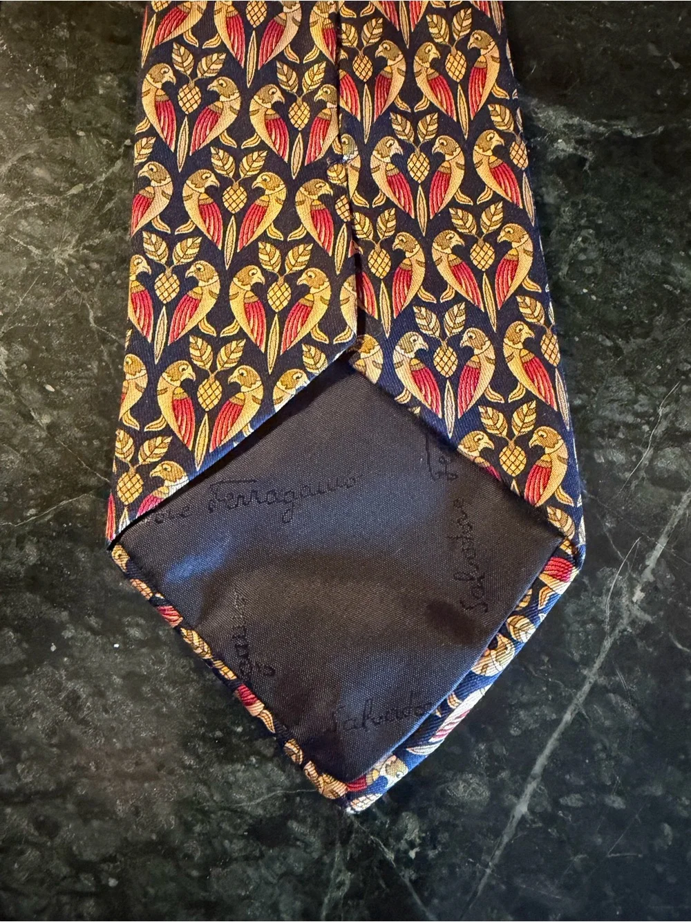 Salvatore Ferragamo Navy Blue Red and Gold Bird Motif Silk Tie